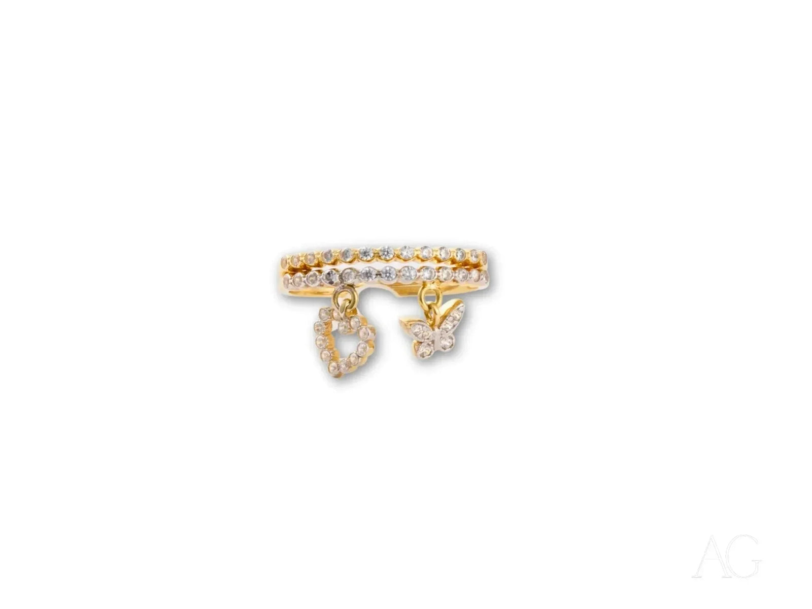 Exquisite solid 18k yellow gold ring with CZ heart and butterfly charms