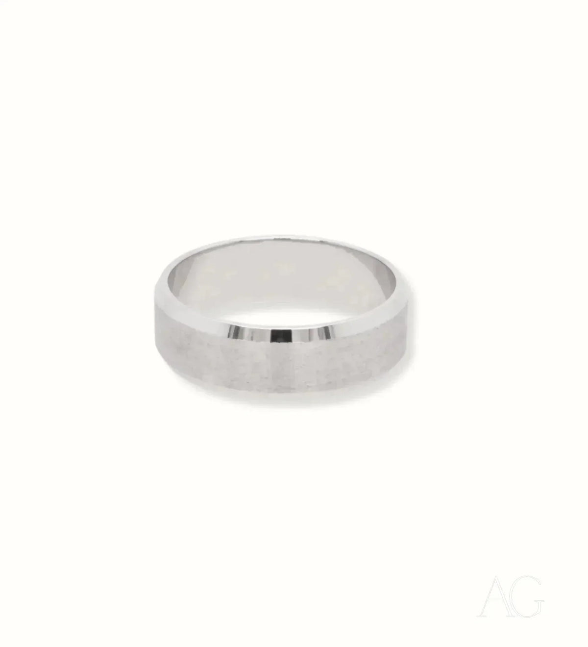 Polished 18k white gold wedding band with beveled edges