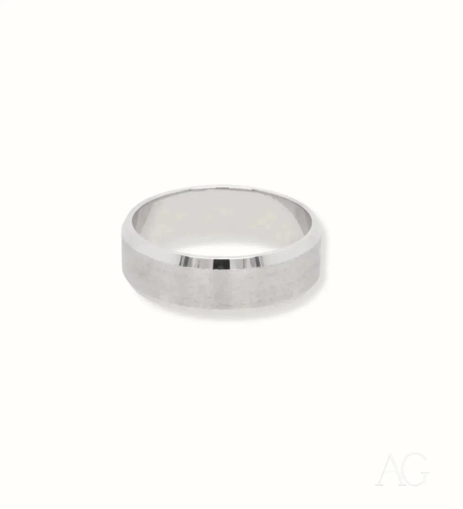 Polished 18k white gold wedding band with beveled edges