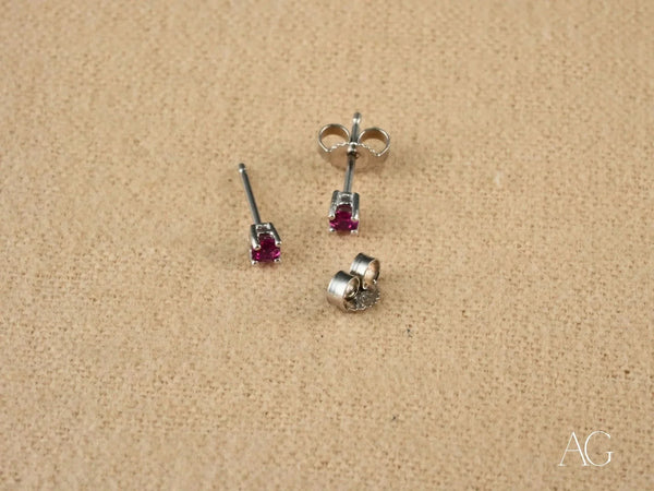Crimson Radiance certified 18k solid white gold CZ stud earrings with red gems