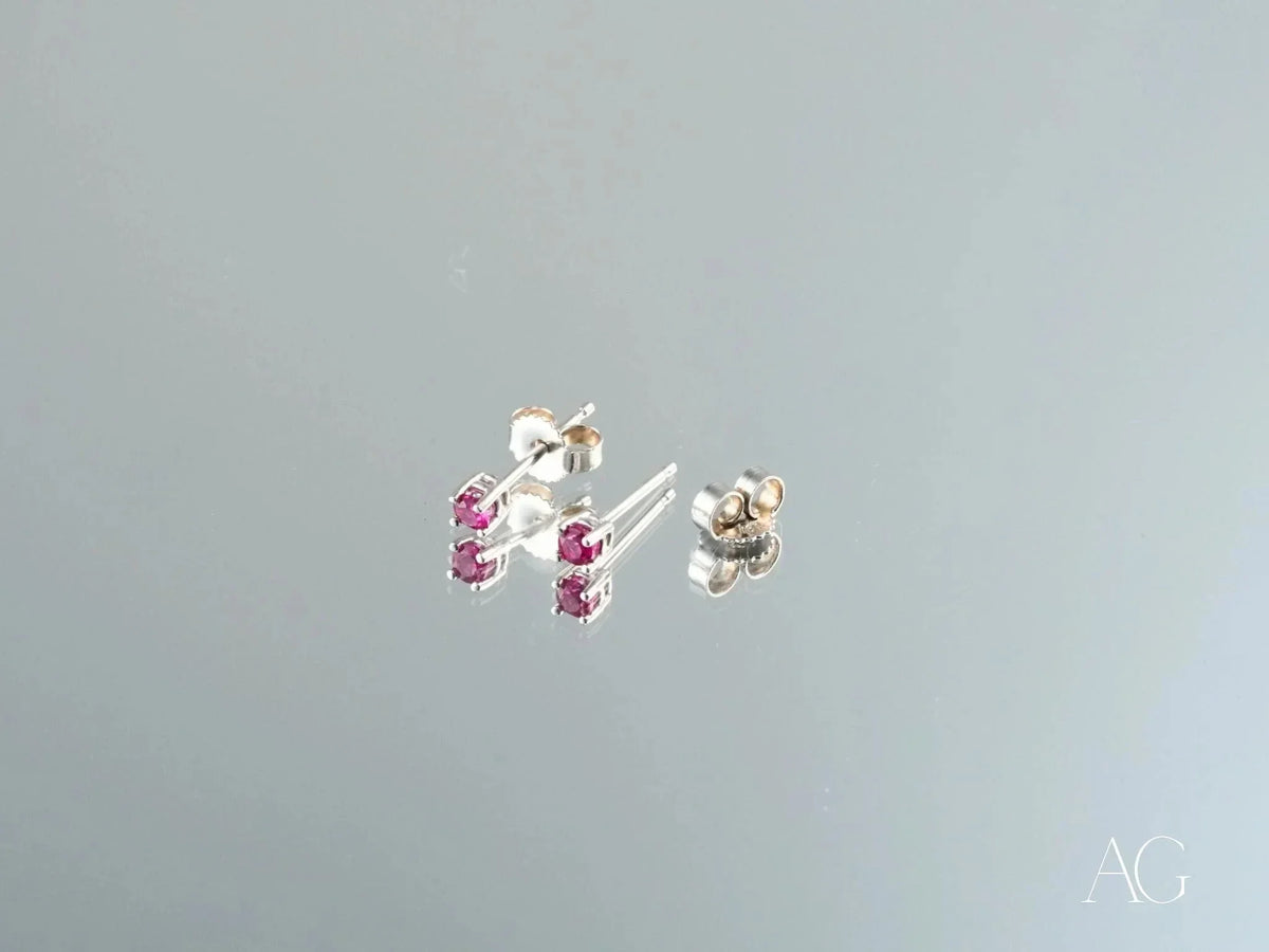 Crimson Radiance certified 18k solid white gold CZ stud earrings with fuchsia gems