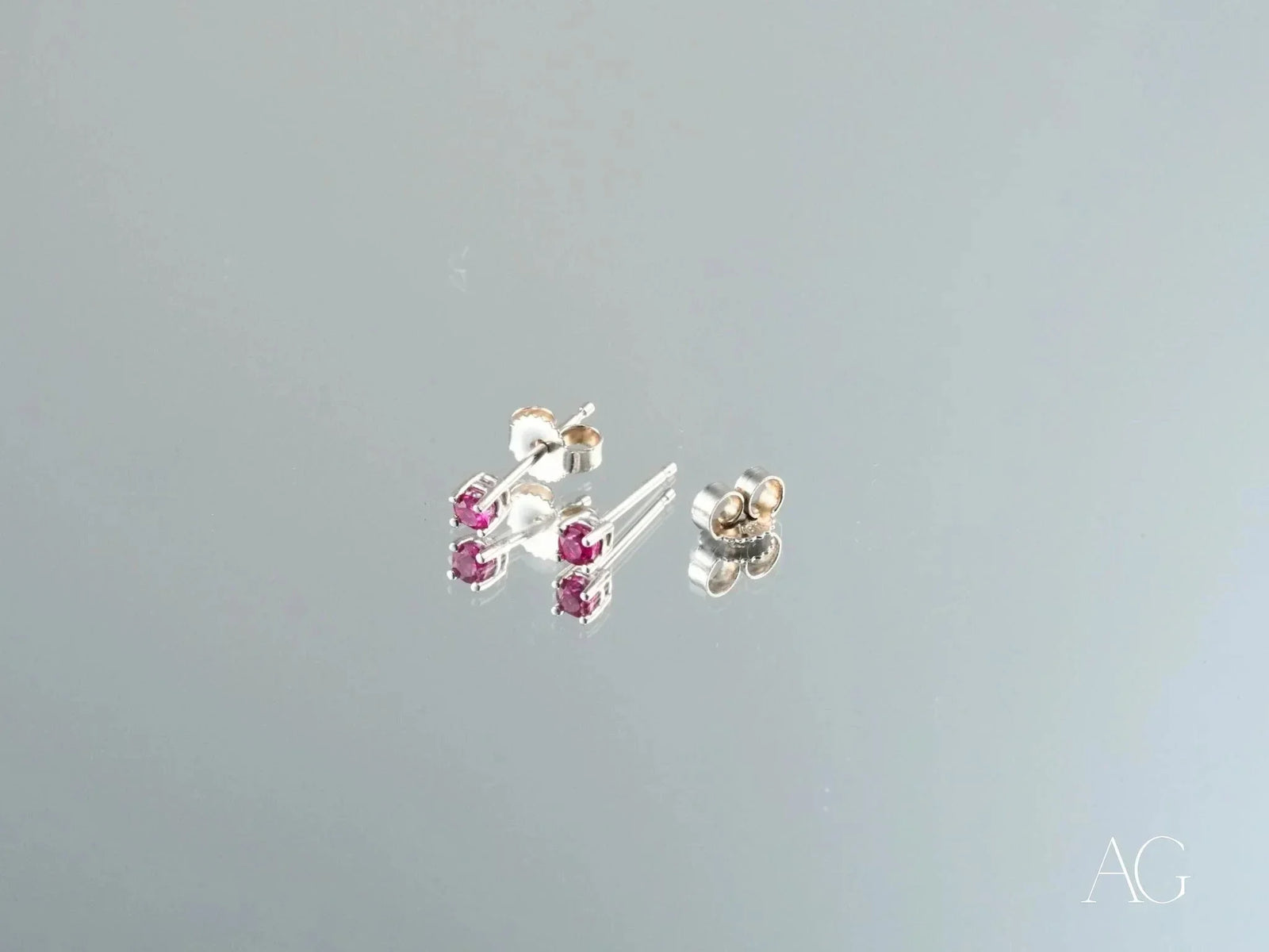 Crimson Radiance certified 18k solid white gold CZ stud earrings with fuchsia gems