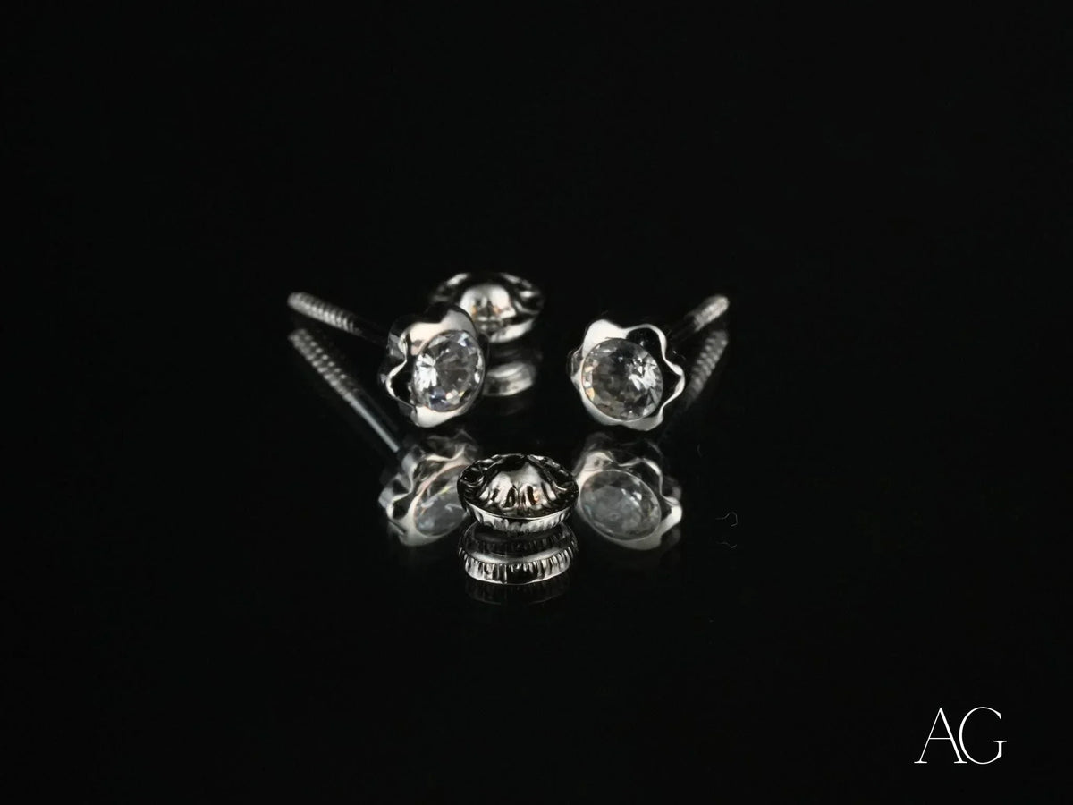 Six certified 18k solid gold CZ screw-back earrings with floral gems