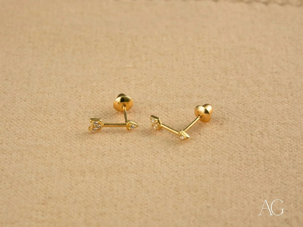 Cupid’s Arrow 18k Gold CZ arrow stud earrings with push-back clasp
