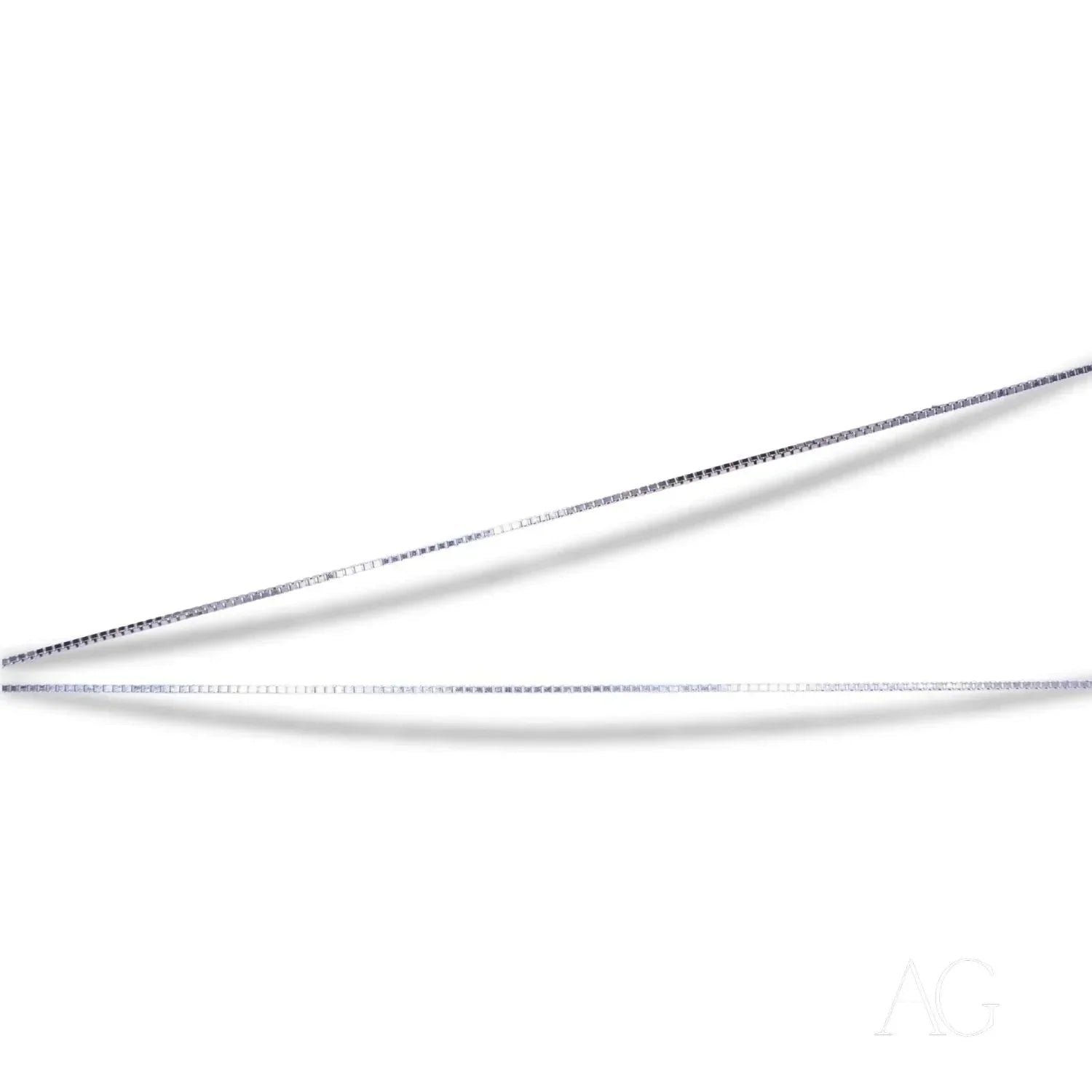 Delicate 18k white gold box chain necklace with reflective silver surface