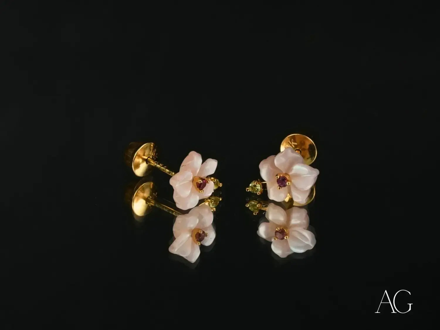 Delicate pink flower heirloom jewelry earrings with ruby accent