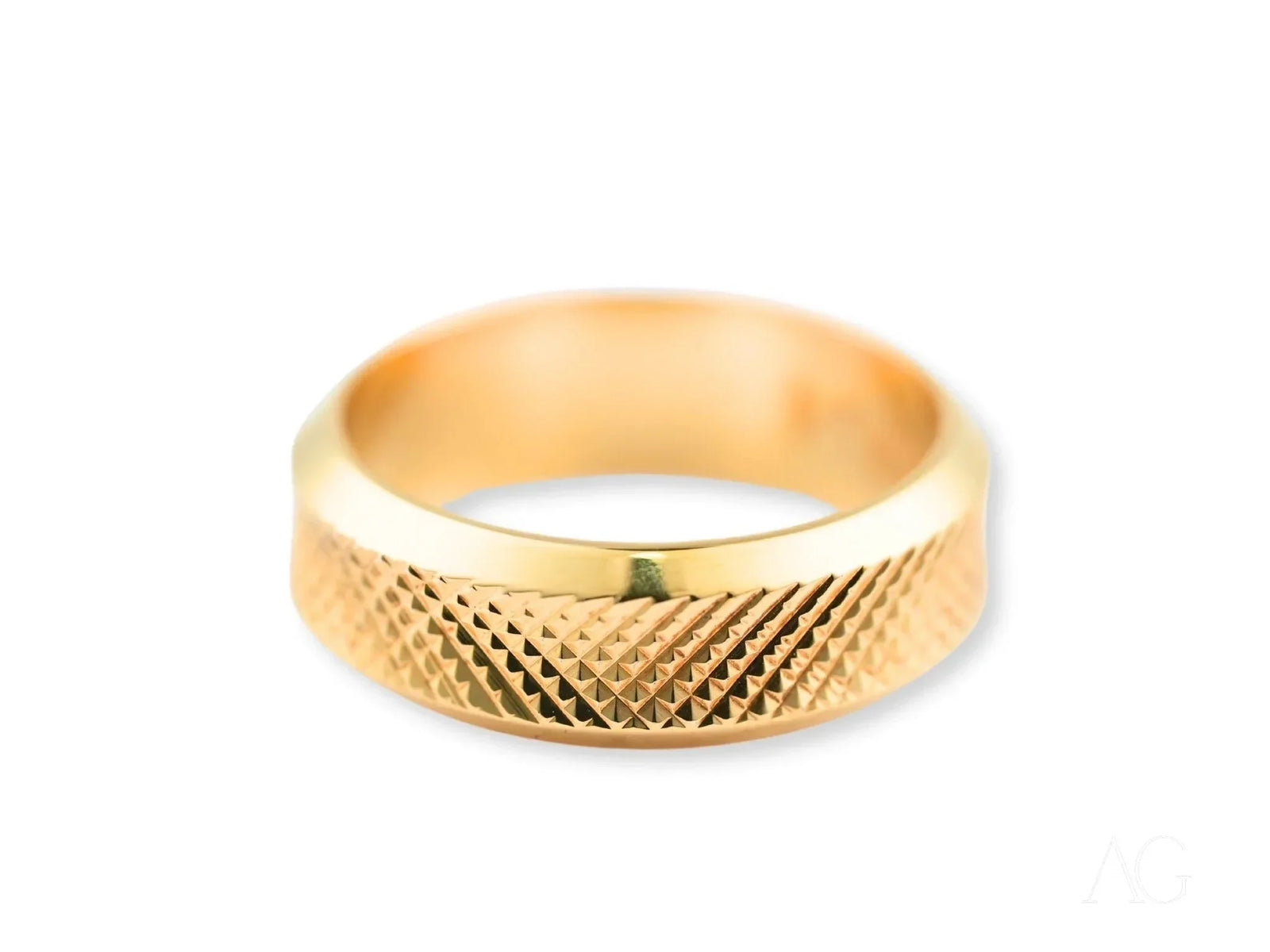 Diamond Tapestry gold wedding band with textured crisscross pattern