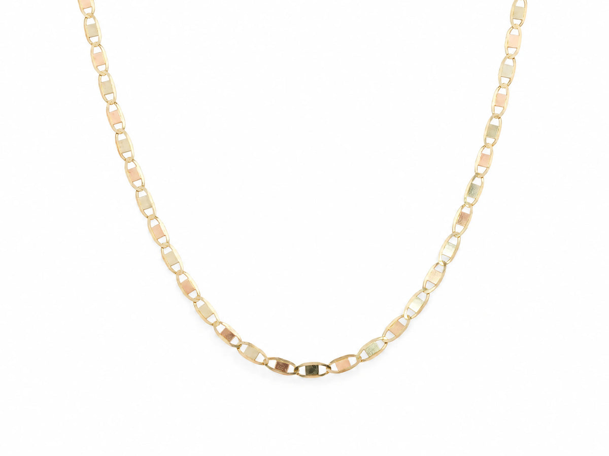 14K gold piastrine chain in a U shape, yellow gold oval links with white and rose gold plates set inside each link