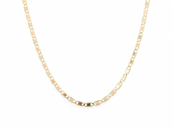14K gold piastrine chain in a U shape, yellow gold oval links with white and rose gold plates set inside each link