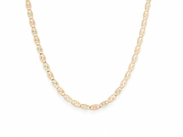 14K tri-colour piastrine chain in a U drape, yellow gold oval frames with plates alternating rose and white gold, diamond-cut rosette pattern