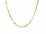 14K yellow gold Cuban chain laid in a U shape on a white background, flat interlocking curb links