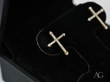 Certified 18k solid gold cross CZ earrings with diamond encrusting