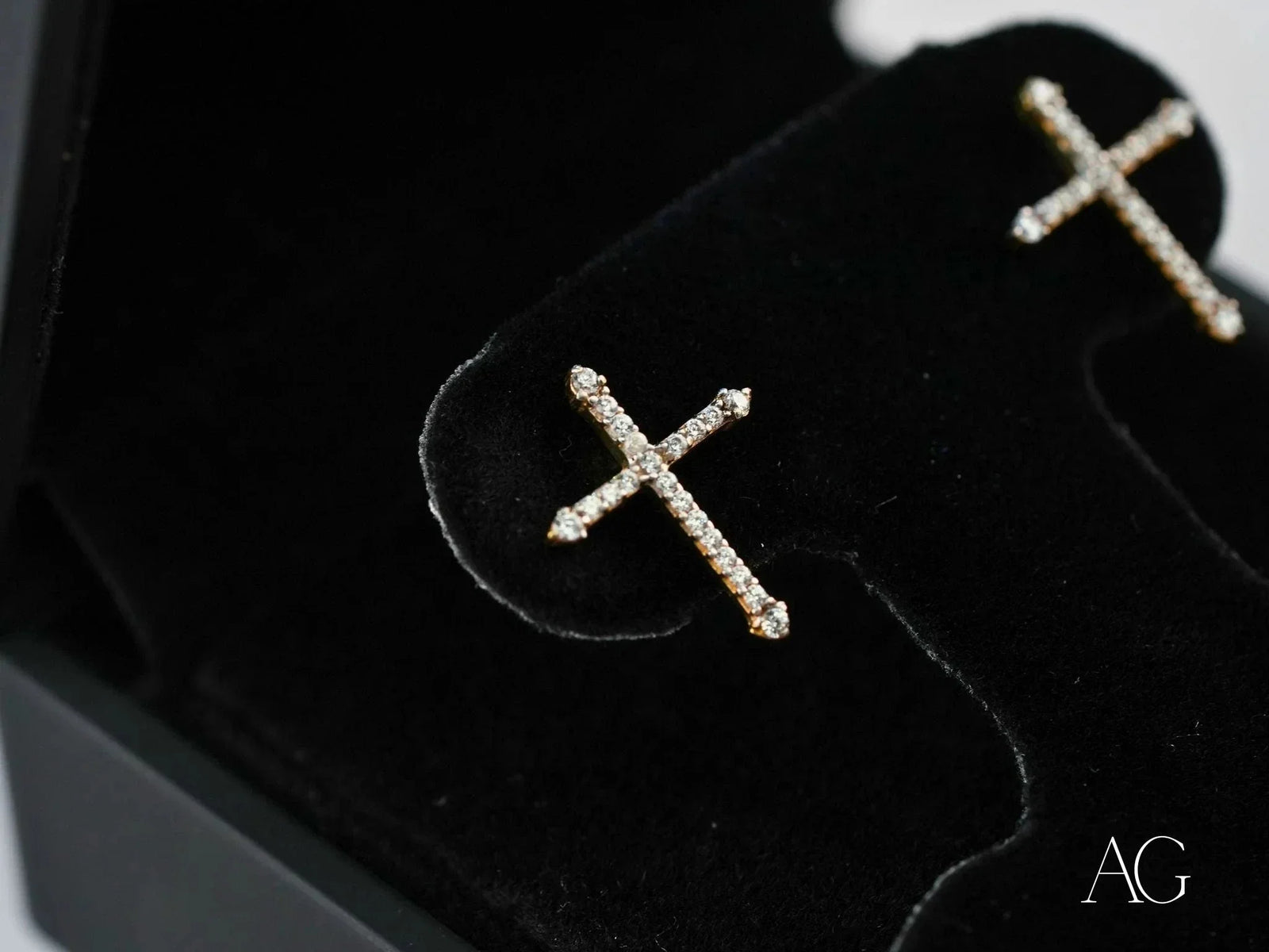 Certified 18k solid gold cross CZ earrings with diamond encrusting