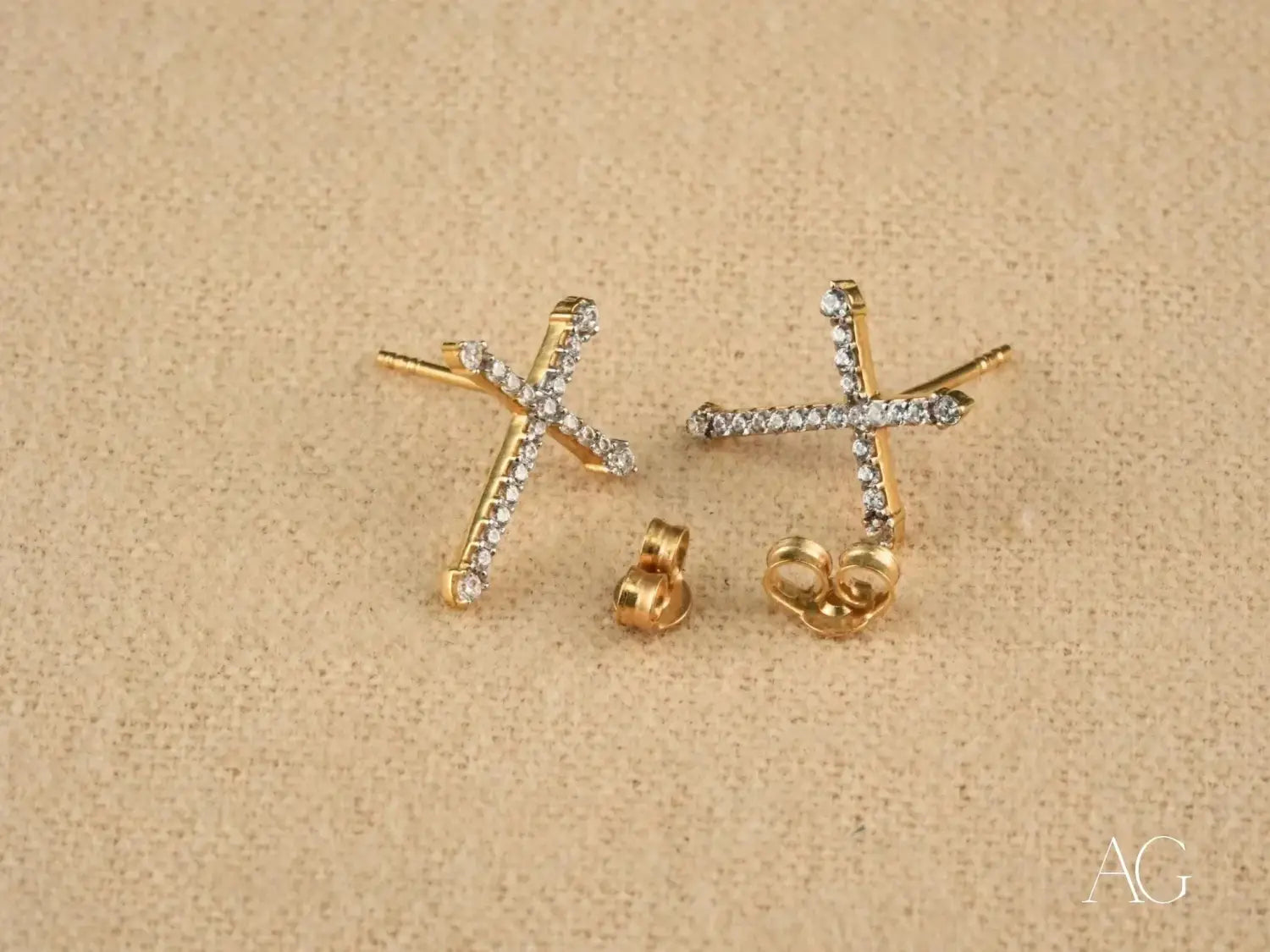 Divine Sparkle: 18k Gold Cross CZ Earrings