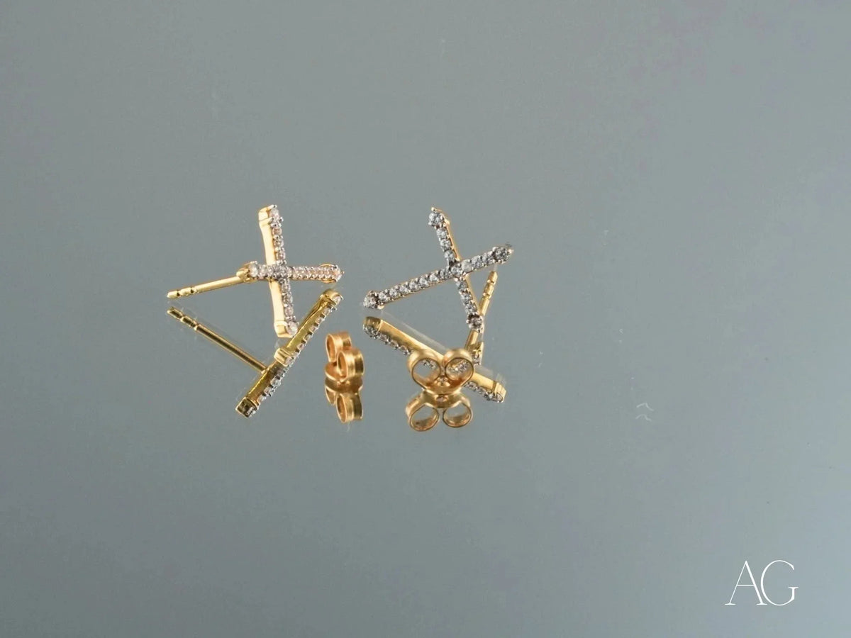 Pair of certified 18k solid gold cross earrings with diamond studs