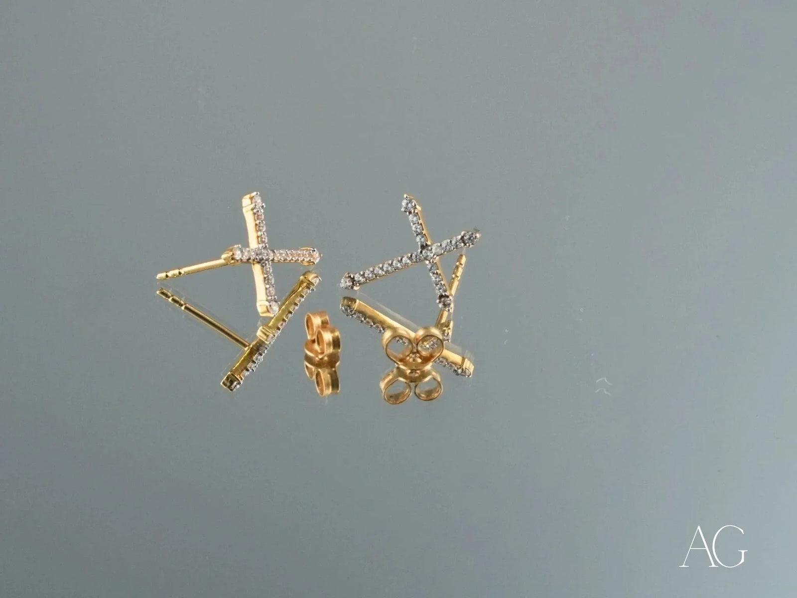 Pair of certified 18k solid gold cross earrings with diamond studs