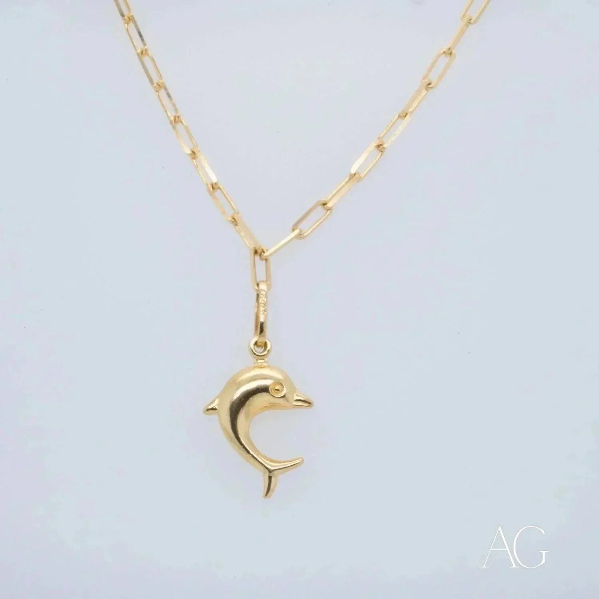 18k gold anklet with dolphin pendant on paperclip chain, marine grace