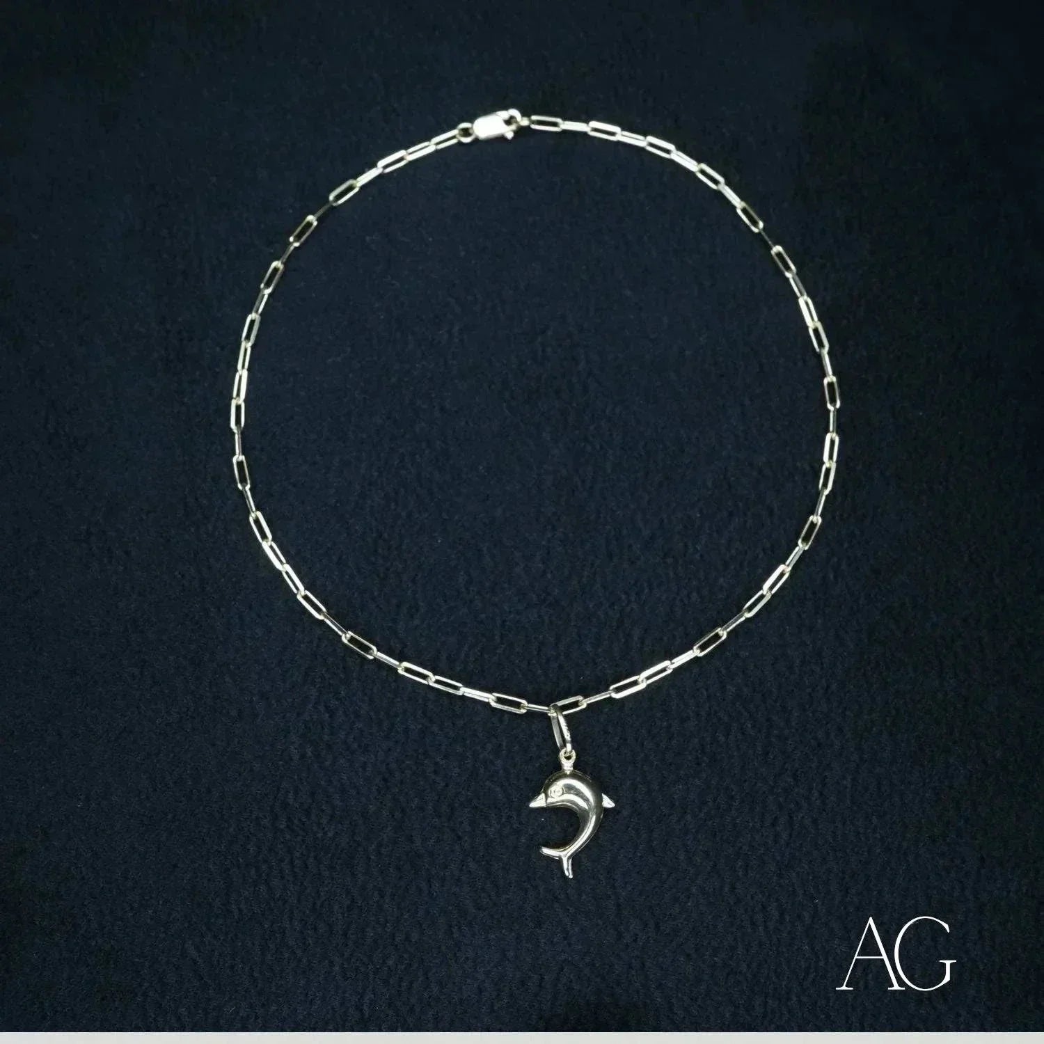Silver-toned paperclip chain 18k gold anklet with jumping dolphin charm