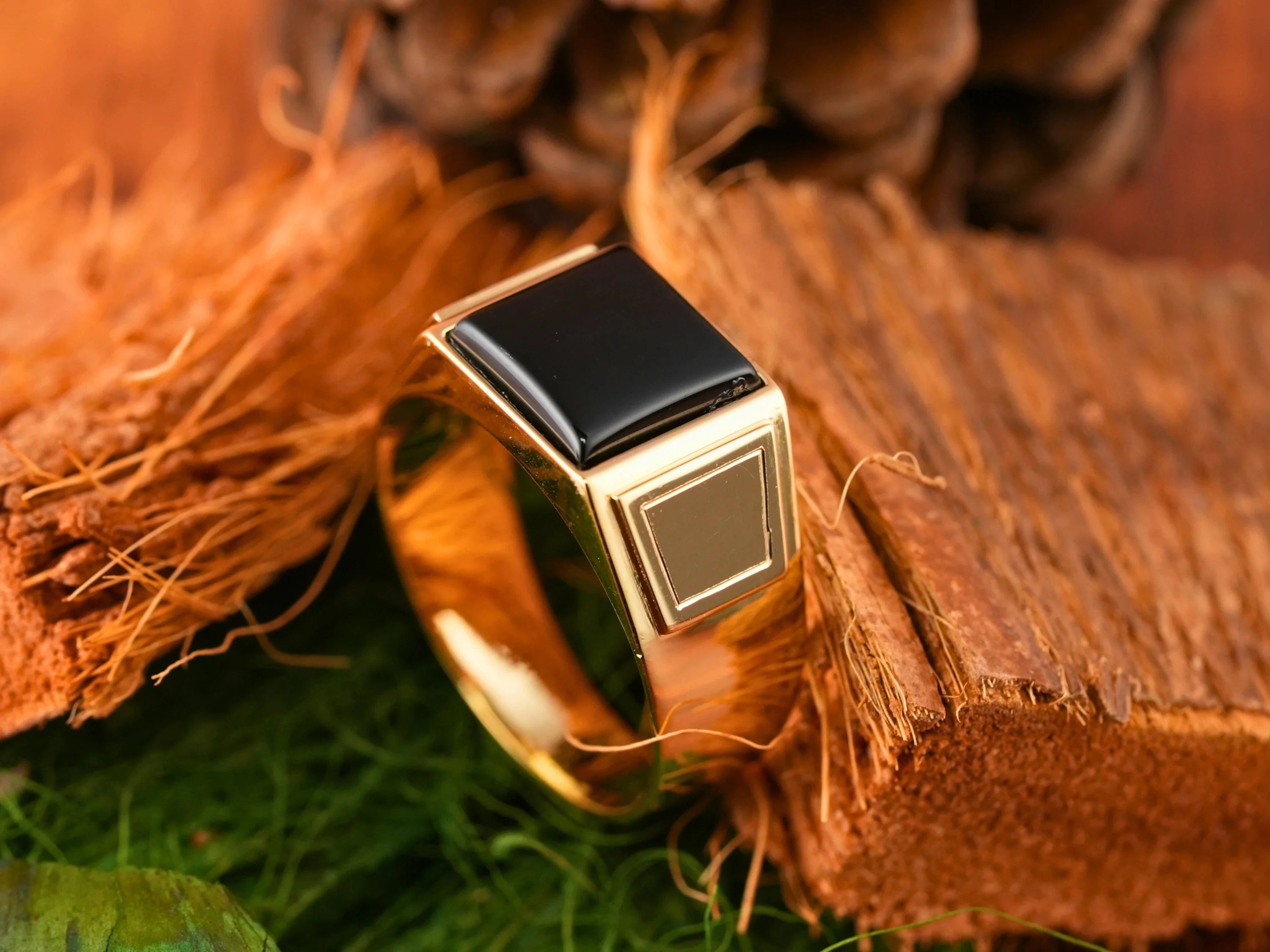 Gold signet ring with sculpted black onyx for men’s 18k gold Dominus Ring collection