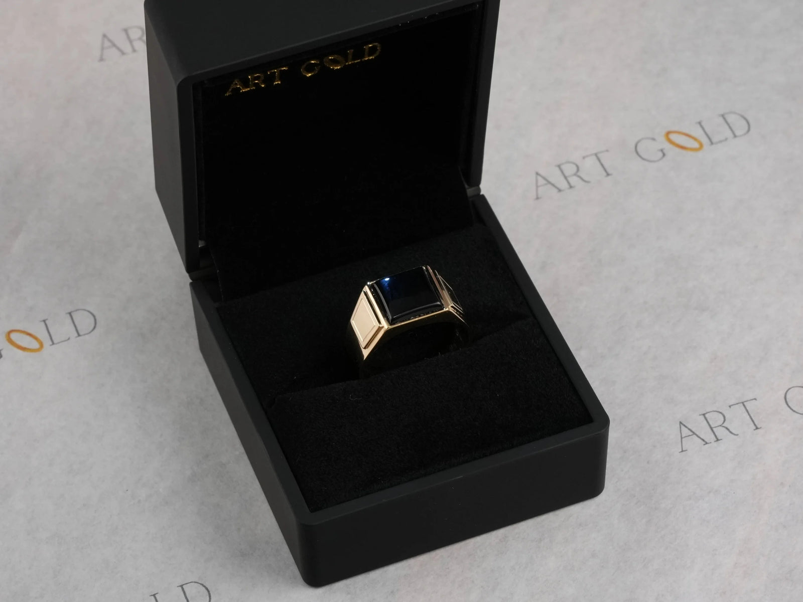 Dominus Ring: Men’s 18K Gold Signet with Sculpted Black Onyx in Box
