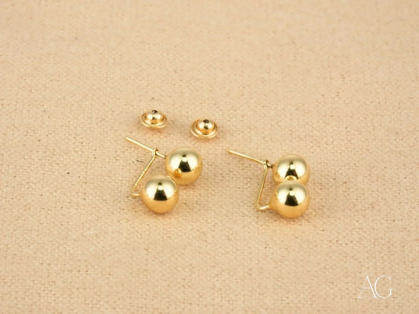 Certified 18k solid gold double ball earrings with screw-back