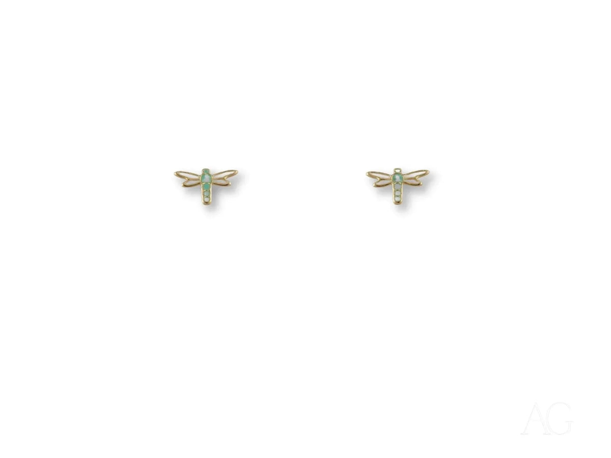 Pair of delicate certified 18k solid gold dragonfly earrings with turquoise accents