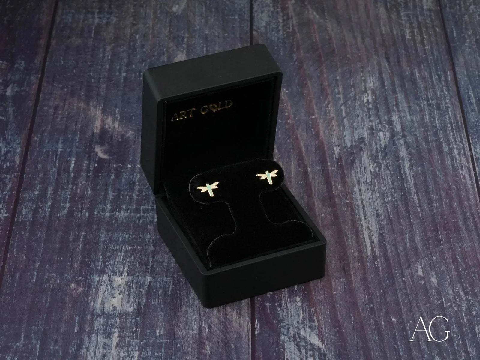 Pair of certified 18k solid gold dragonfly earrings with turquoise accents in black velvet box