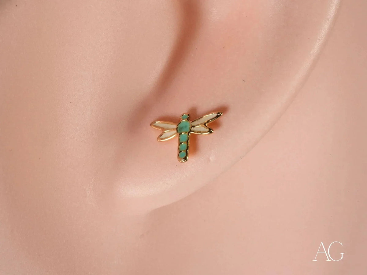 Certified 18k solid gold dragonfly earrings with turquoise body and cream wings
