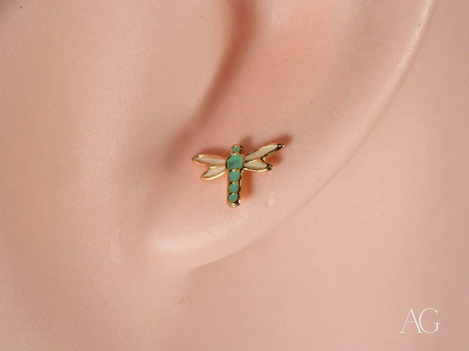 Certified 18k solid gold dragonfly earrings with turquoise body and cream wings