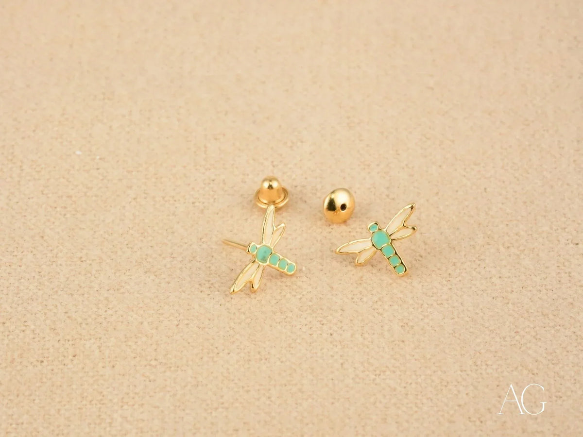 Certified 18k solid gold dragonfly earrings with turquoise enamel accents