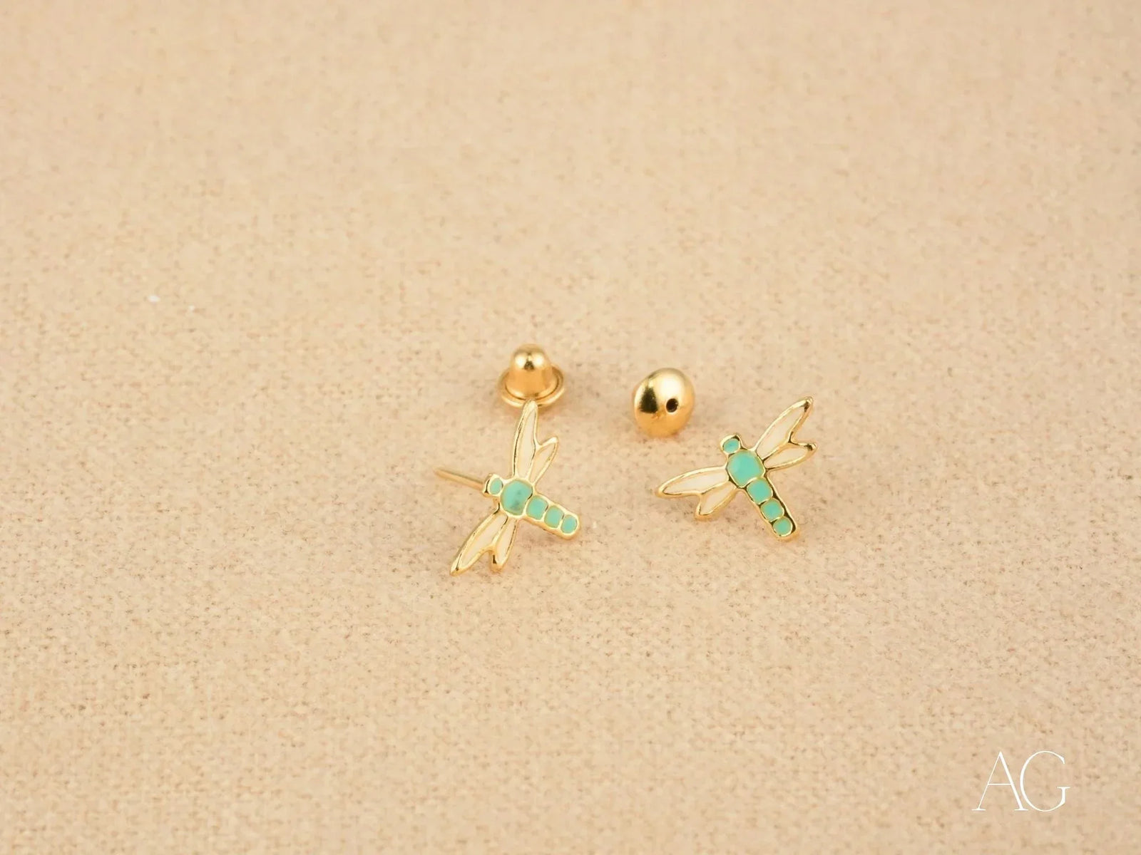 Certified 18k solid gold dragonfly earrings with turquoise enamel accents