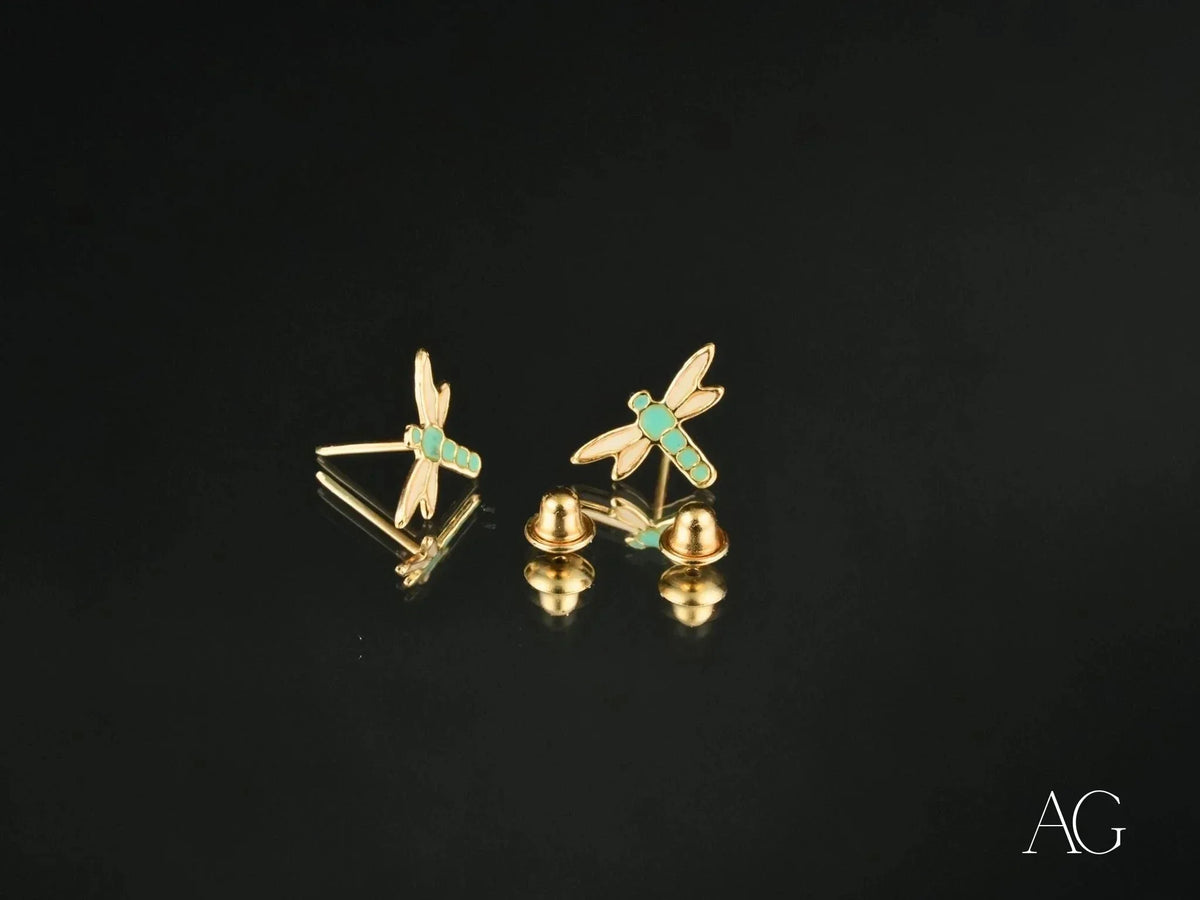 Certified 18k solid gold dragonfly earrings with turquoise accents