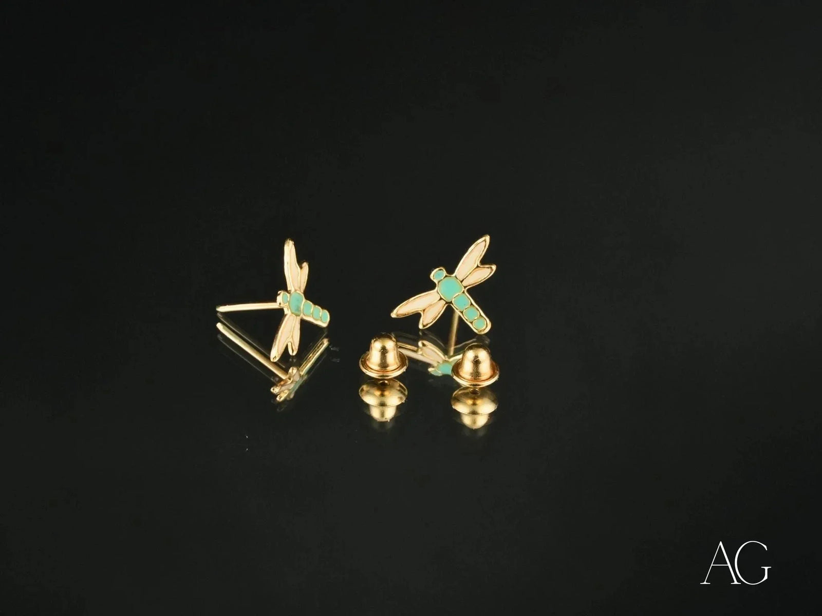 Certified 18k solid gold dragonfly earrings with turquoise accents