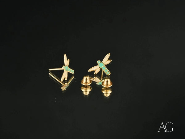 Certified 18k solid gold dragonfly earrings with turquoise accents
