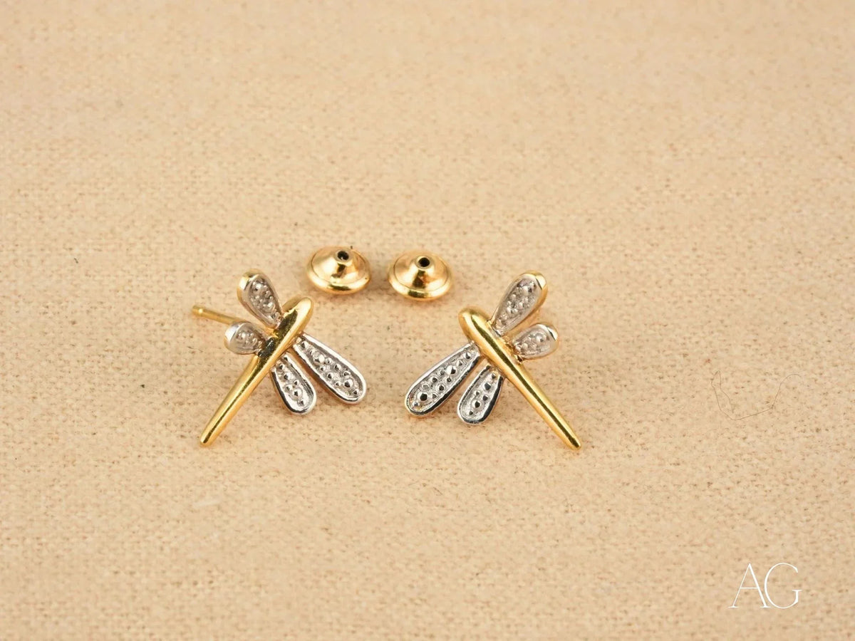 18k solid gold dragonfly earrings with diamonds and screw-back