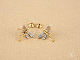 18k solid gold dragonfly earrings with diamonds and screw-back