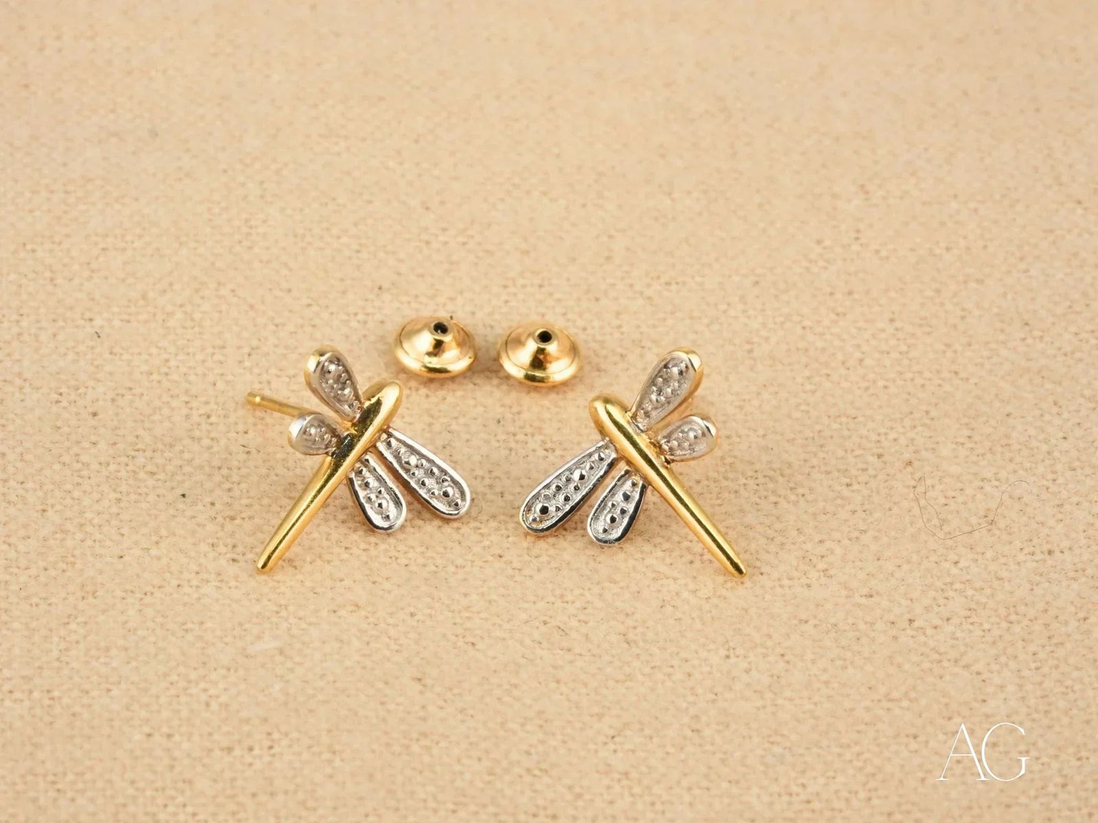 18k solid gold dragonfly earrings with diamonds and screw-back