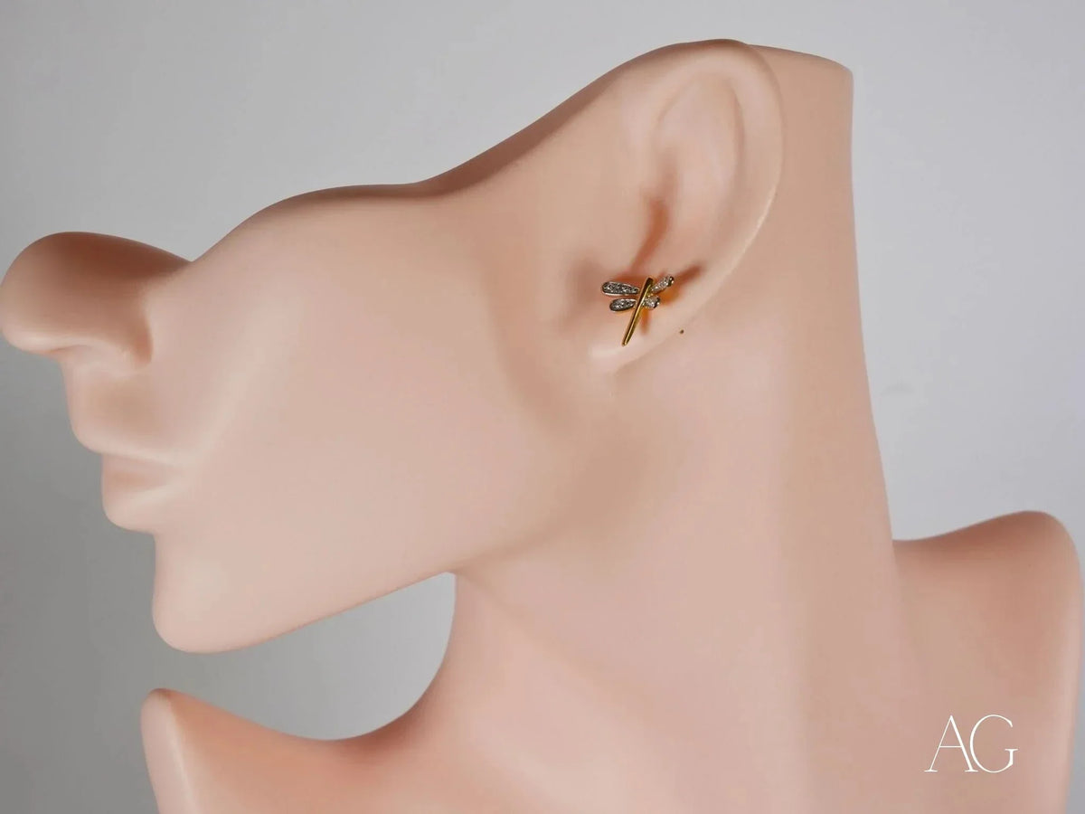 Elegant 18k solid gold dragonfly earrings with green accents