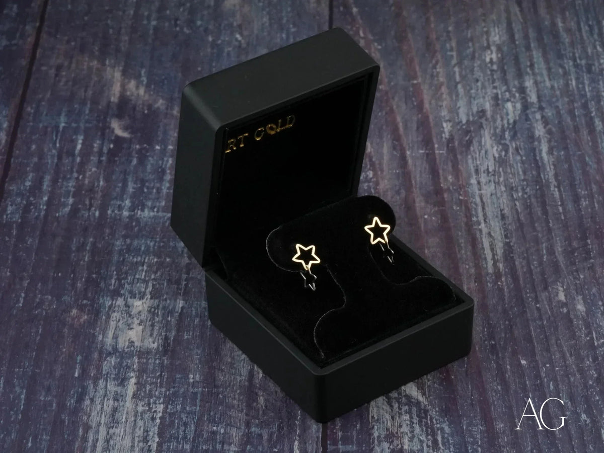 Dual Star Earrings in Art Gold Jewelry, Elegant Gold Stars in Black Box