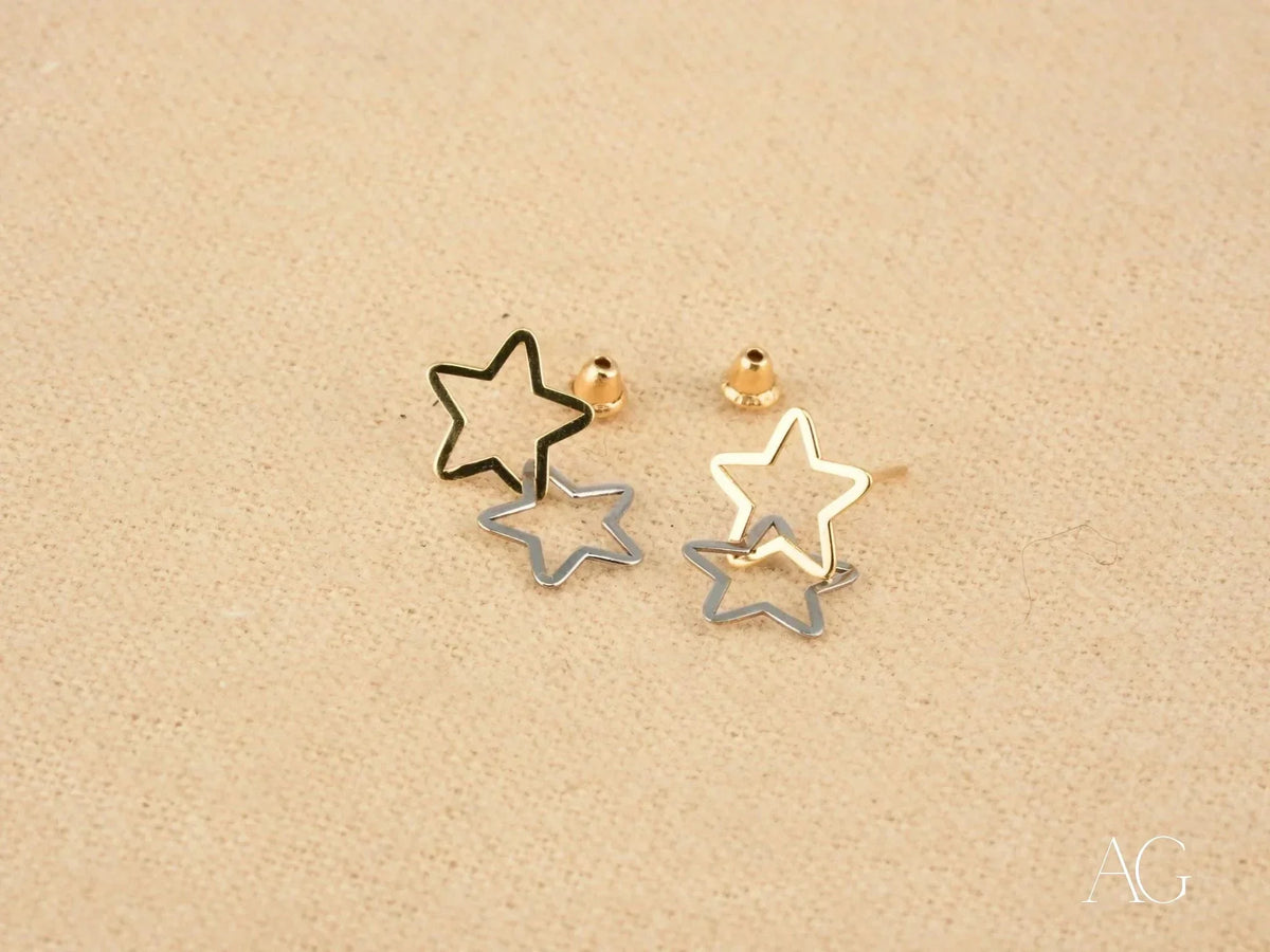 Dual star earrings in certified 18k solid art gold jewelry