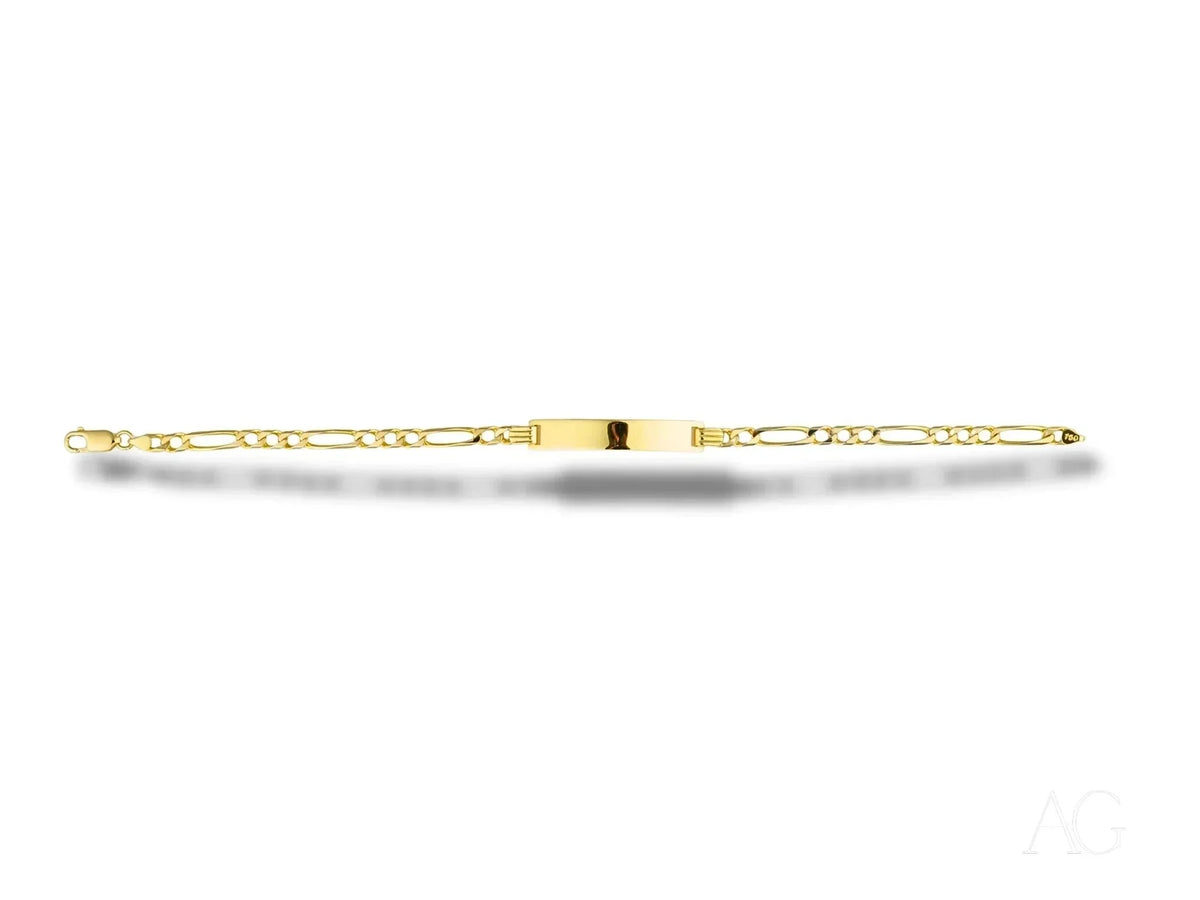 Shiny 18k solid gold Figaro chain ID bracelet with engravable plate
