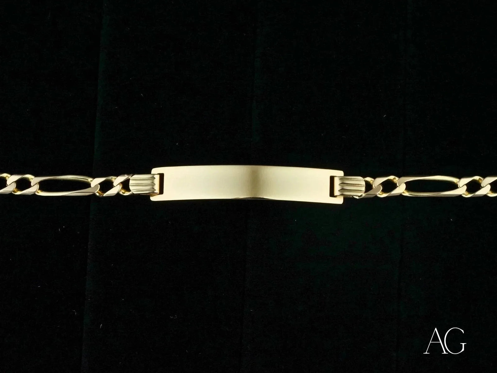 Polished 18k solid gold ID bracelet with Figaro chain