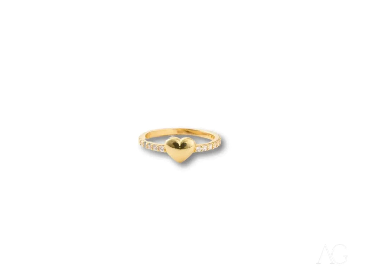 18k yellow gold CZ heart ring with pave diamonds, luxurious art gold