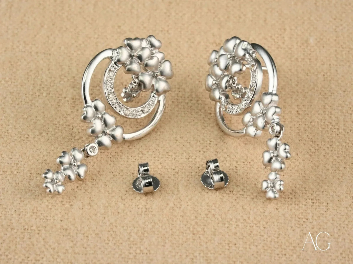 Elegant certified 18k solid gold floral dangle earrings with diamond accents