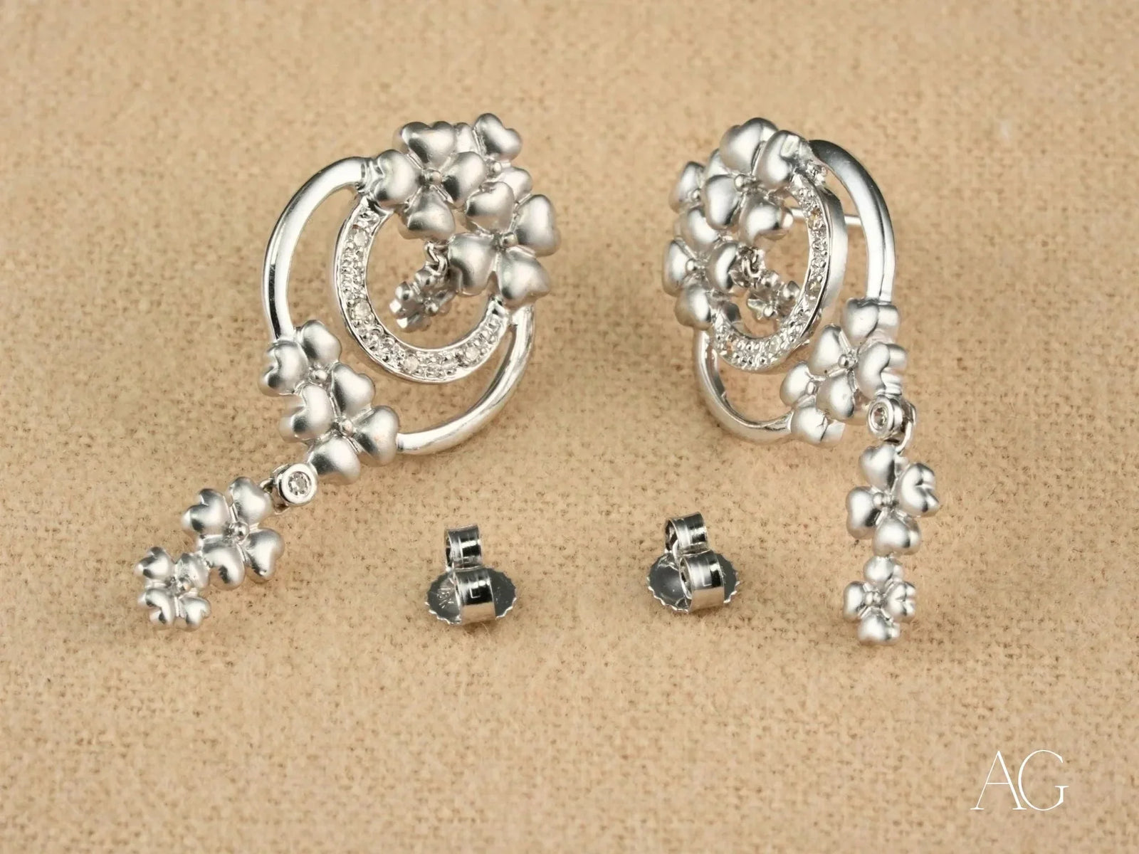 Elegant certified 18k solid gold floral dangle earrings with diamond accents