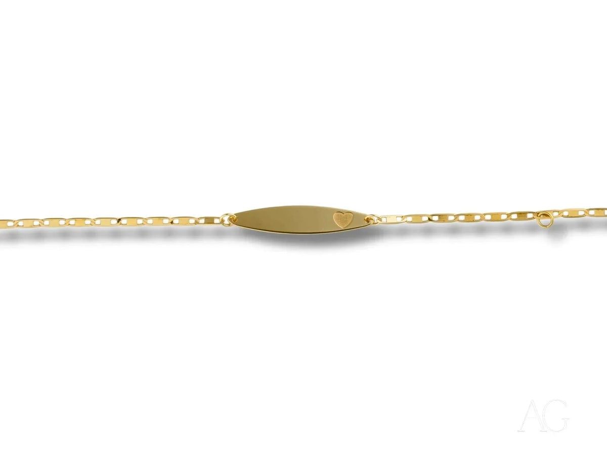 Shiny solid 18k gold kids ID bracelet with customizable heart nameplate