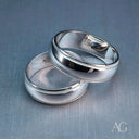 Elegant white 18k gold wedding band with two silver matte milgrain rings