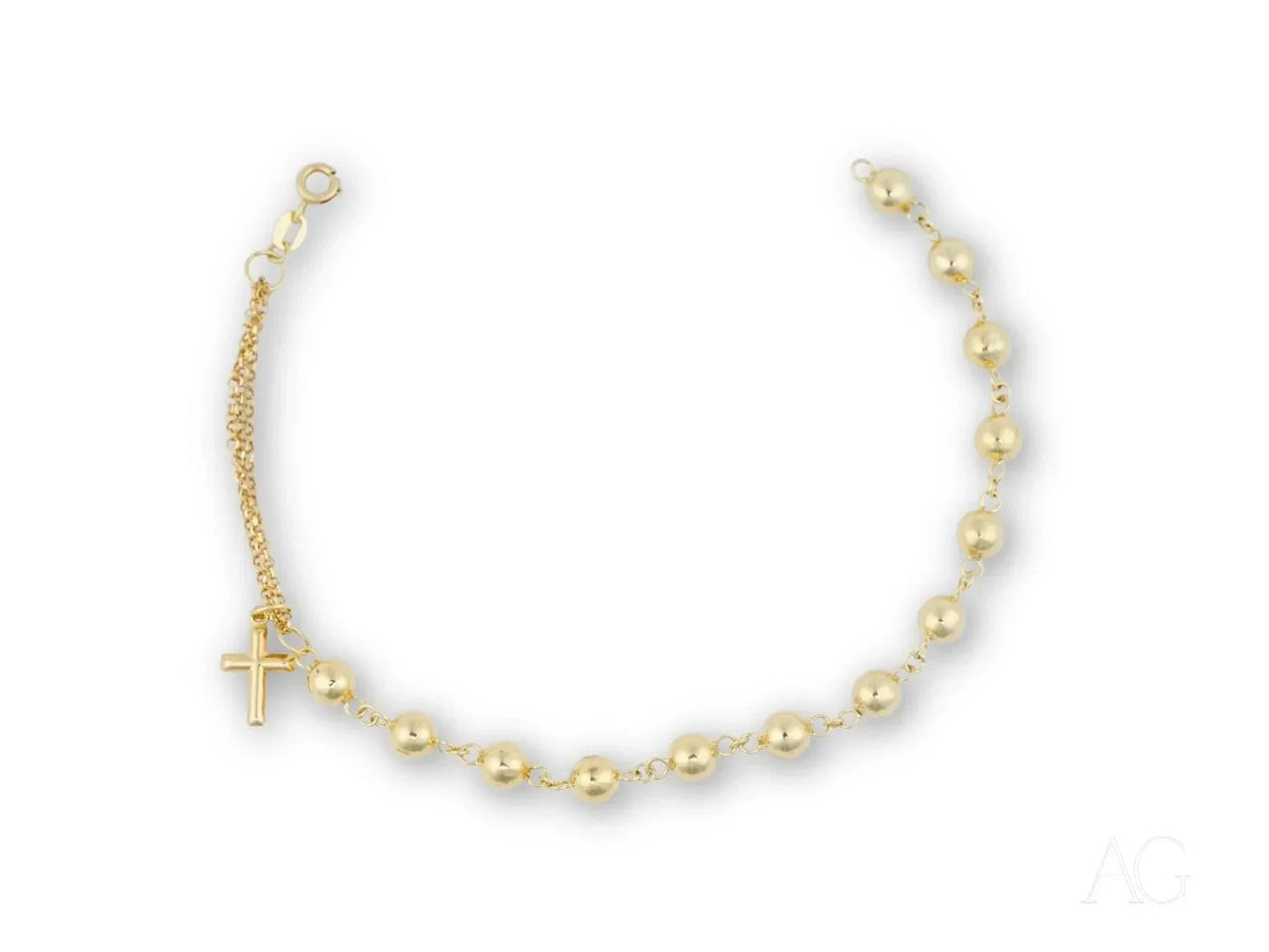 Elegant solid 18k gold bracelet with cross motif and polished gold beads