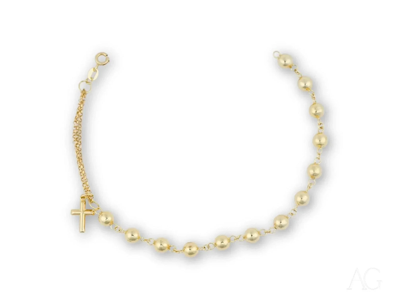 Elegant solid 18k gold bracelet with cross motif and polished gold beads