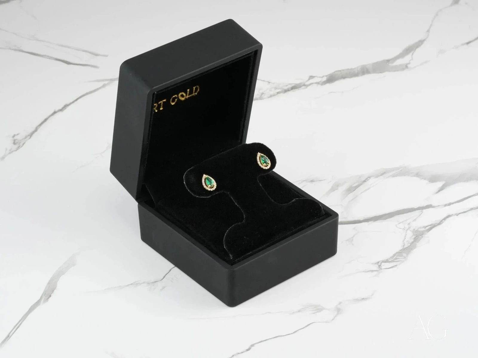 Emerald Halo 18K gold green CZ earrings in black jewelry box